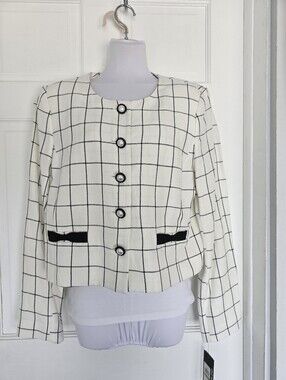 Karl Lagerfeld Linen Blend Windowpane Print Cropped Jacket Women's sz 14
